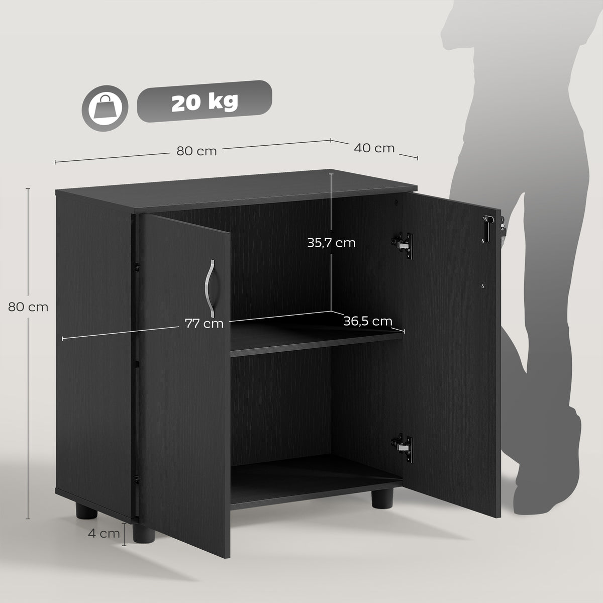 Armario de oficina de 2 niveles, mueble de almacenamiento de oficina con 2 puertas, cerraduras y llaves, 80x40x80cm, negro