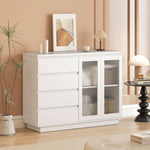 Buffet salon, meuble de rangement avec 4 tiroirs et 2 portes en verre trempé, étagère réglable, 120 x 40 x 91 cm, blanc