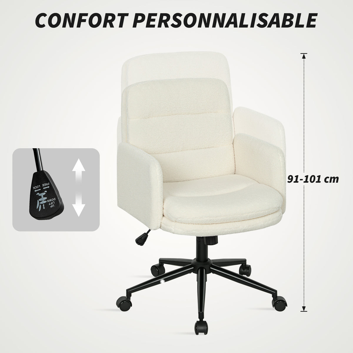 Chaise de bureau, fauteuil de bureau pivotante avec hauteur réglable, fonction de bascule, 61,5 x 65 x 91-101 cm, crème