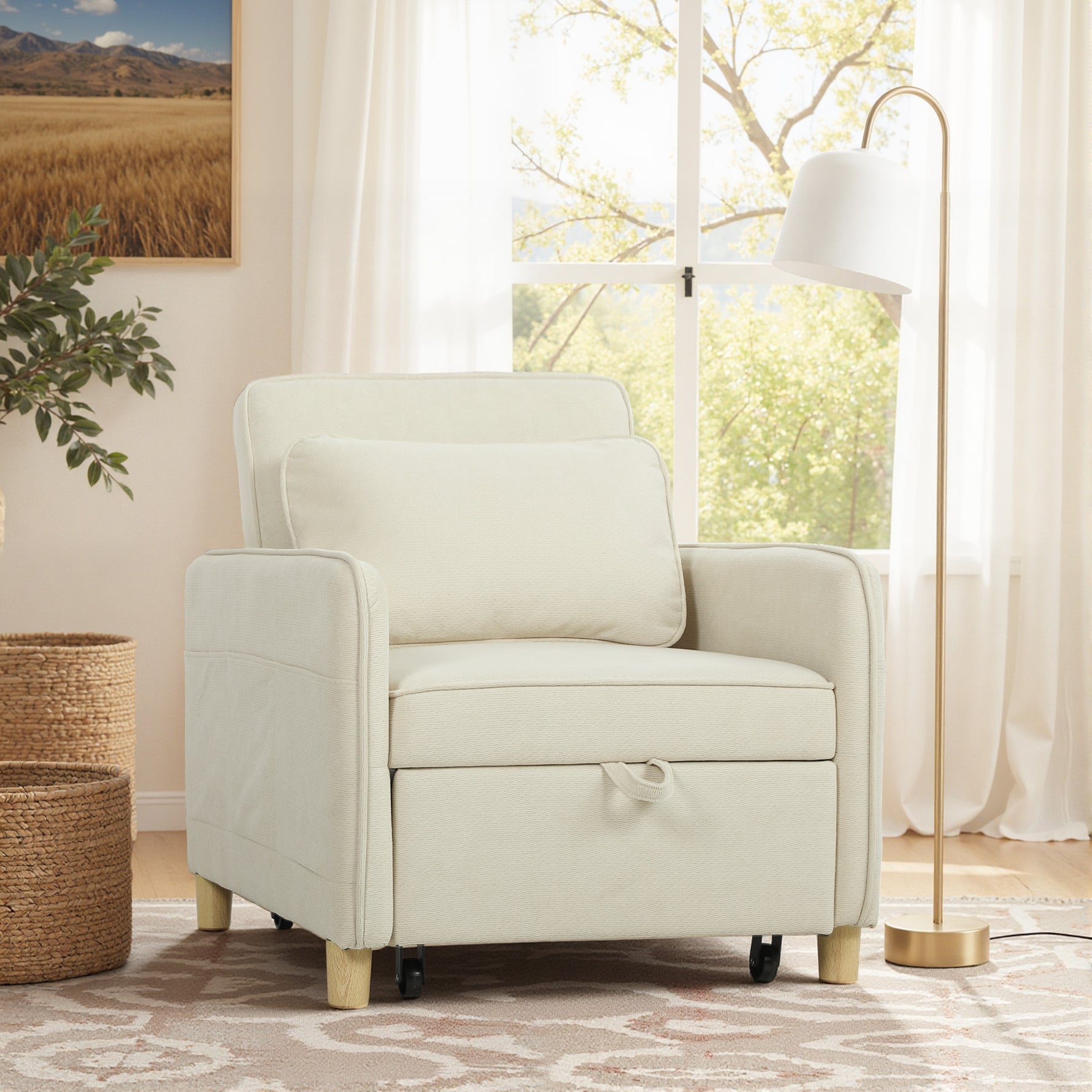 Fauteuil Convertible 1 Place, Fauteuil-Lit Clic-Clac 3 en 1 Rembourré en Velours Grain Maïs, Dossier Réglable, Beige