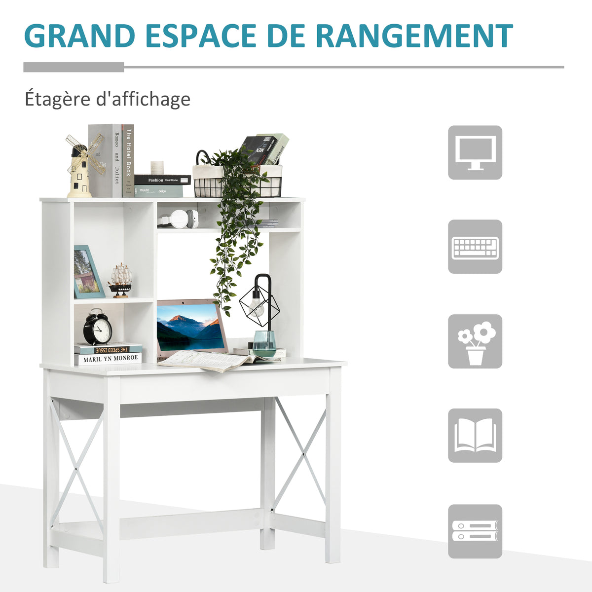 Bureau avec rangement bibliothèque en bois moderne avec étagères et grand plateau pour petits espaces maison chambre à coucher, 105 x 50 x 137,5 cm, blanc
