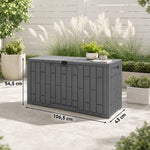 227 L Lockable Outdoor Storage Box with Gas Spring, Wood Look, 106.5x43x54.5cm, Gray