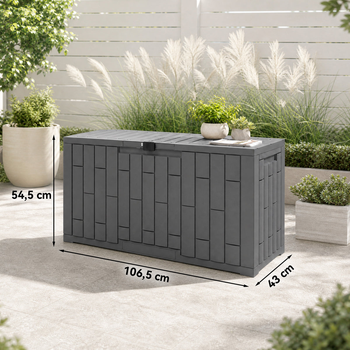 227 L Lockable Outdoor Storage Box with Gas Spring, Wood Look, 106.5x43x54.5cm, Gray