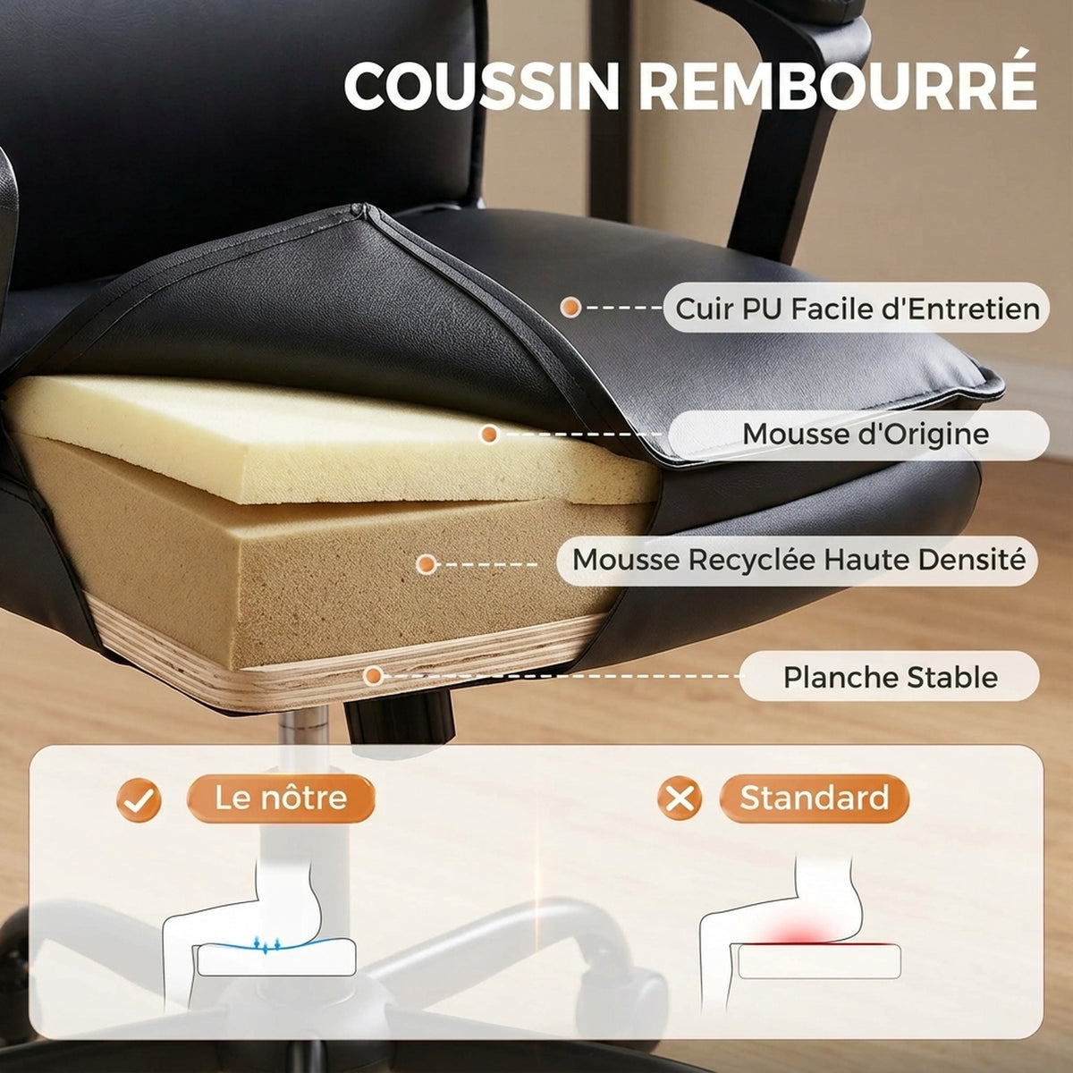 Chaise bureau ergonomique, fauteuil de bureau en PU, hauteur réglable, fonction bascule, pivotante 360°, noir