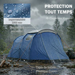 Tente de Camping Tunnel pour 4 Personnes Imperméable 3000mm Double Couche Hauteur 190cm Bleu Foncé