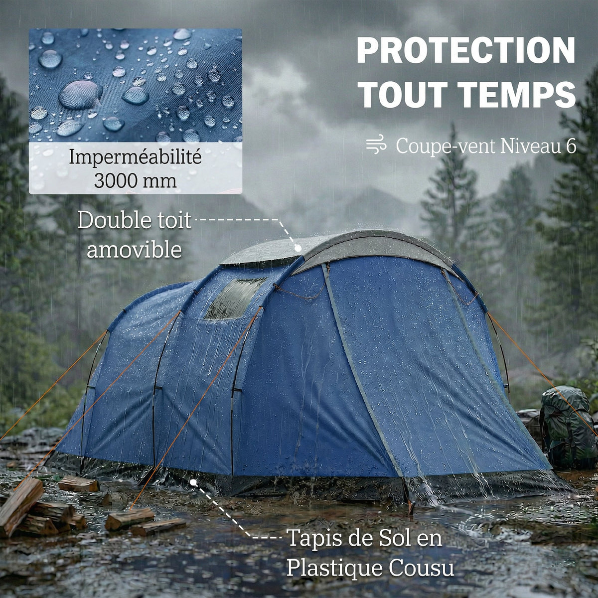 Tente de Camping Tunnel pour 4 Personnes Imperméable 3000mm Double Couche Hauteur 190cm Bleu Foncé