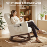 Fauteuil à bascule, rocking chair en flanelle neige rembourré, coussin lombaire, dossier haut, poches latérales, crème