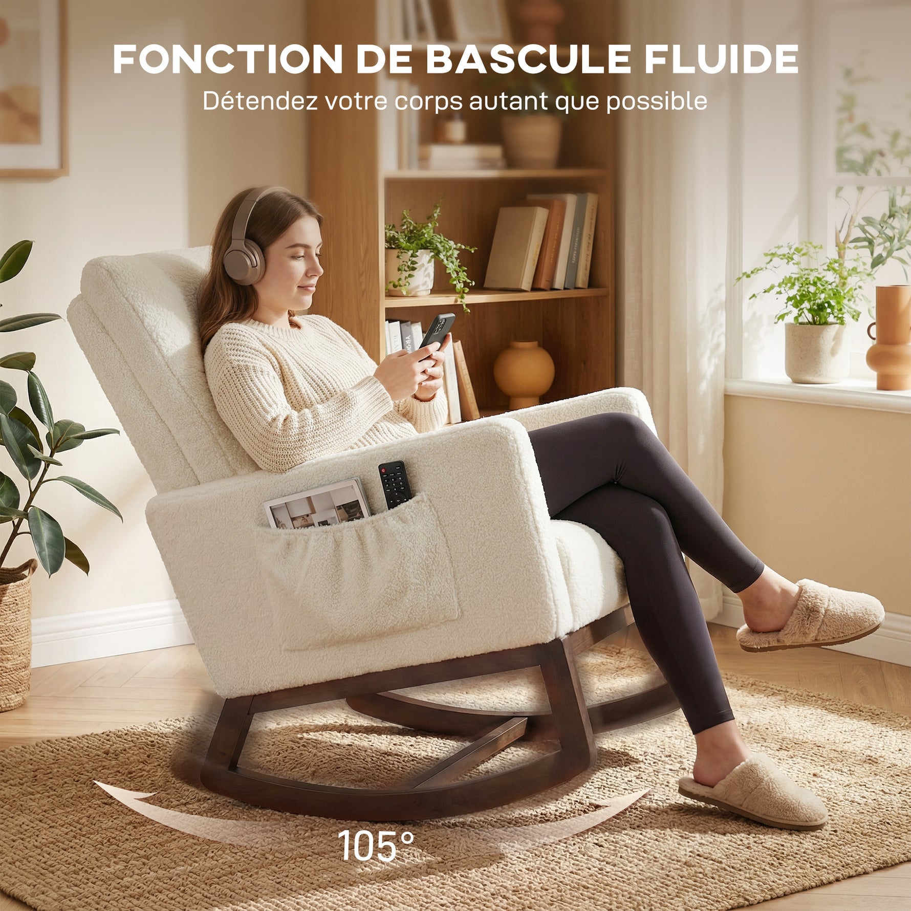 Fauteuil à bascule, rocking chair en flanelle neige rembourré, coussin lombaire, dossier haut, poches latérales, crème