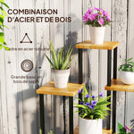 Support à plantes à 7 niveaux pour intérieur et extérieur, étagère plante en acier et bois, bois naturel