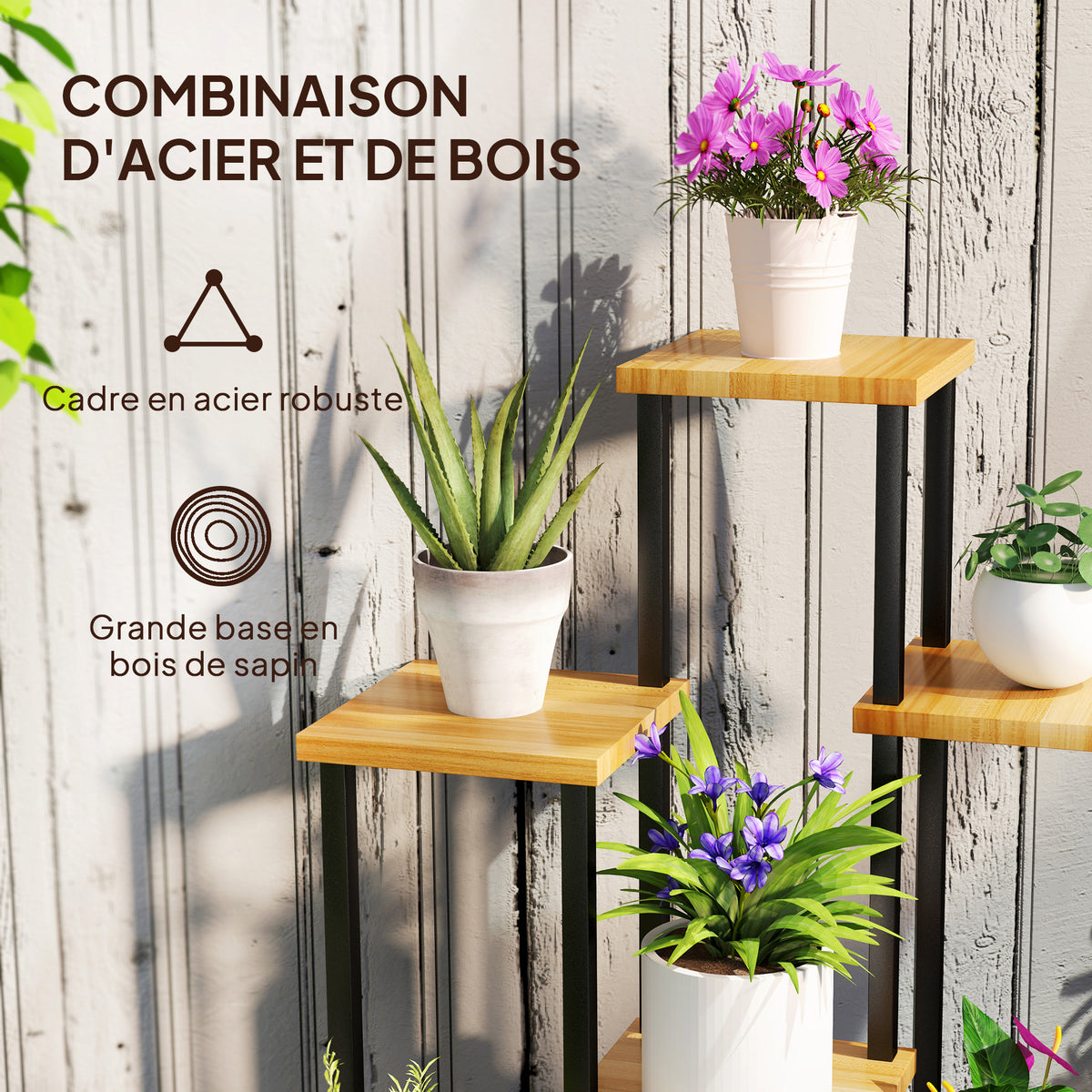 Support à plantes à 7 niveaux pour intérieur et extérieur, étagère plante en acier et bois, bois naturel