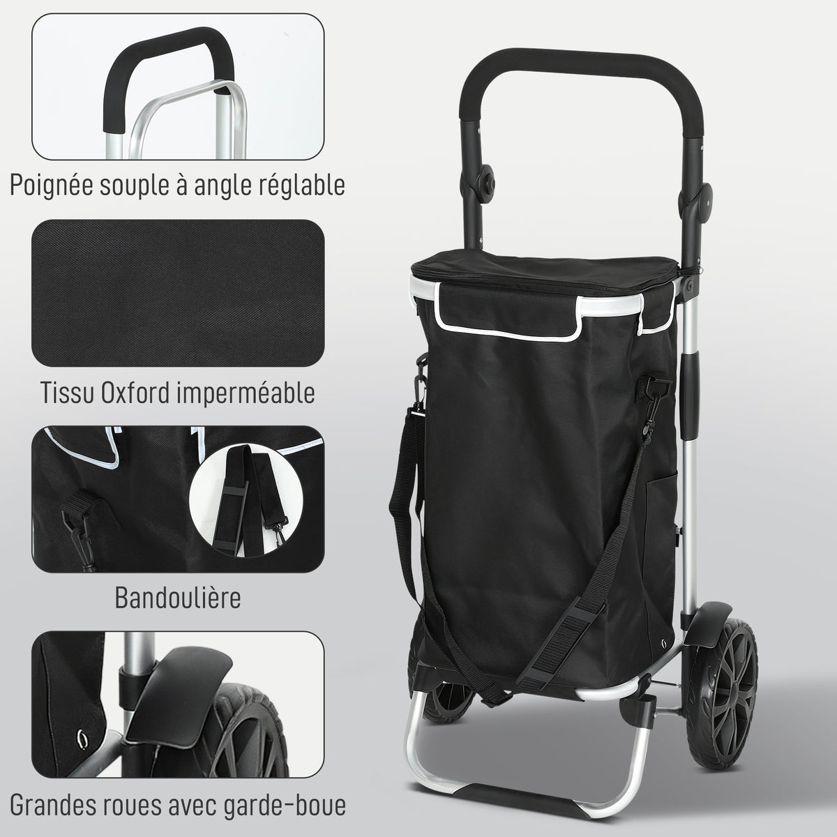 Chariot de courses pliable 40 L caddie de courses portable à roulettes avec poignée télescopique, 45,5x35,5x97cm, noir