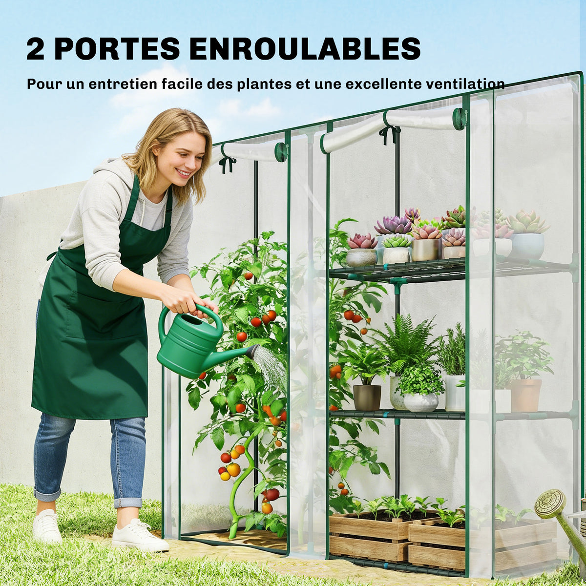 Serra da giardino con 3 ripiani, piccola serra con copertura in PVC e telaio in acciaio, 2 porte avvolgibili, trasparente