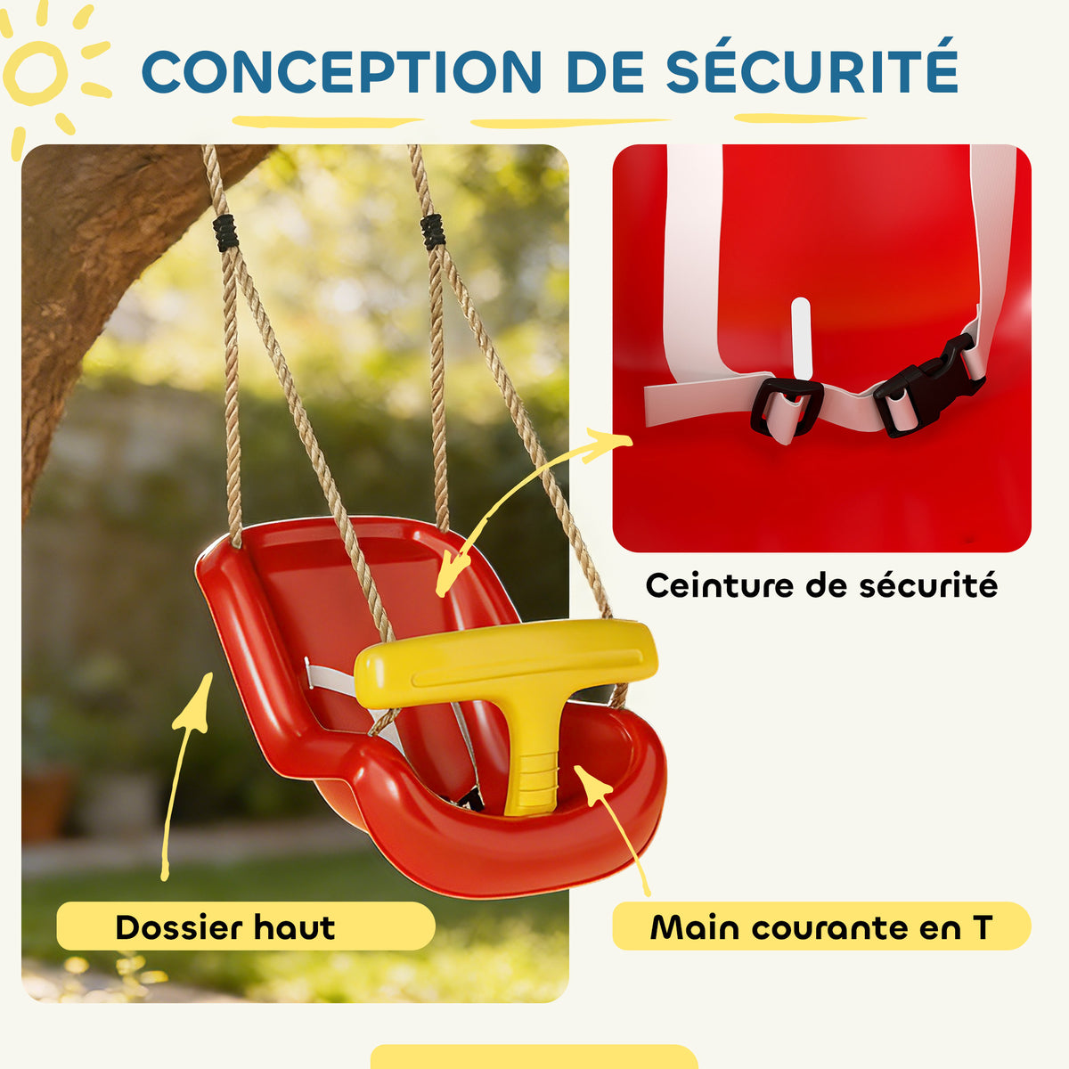 Balançoire pour enfants, balançoire bébé extérieure, dossier haut, barre de sécurité, hauteur ajustable, rouge et jaune