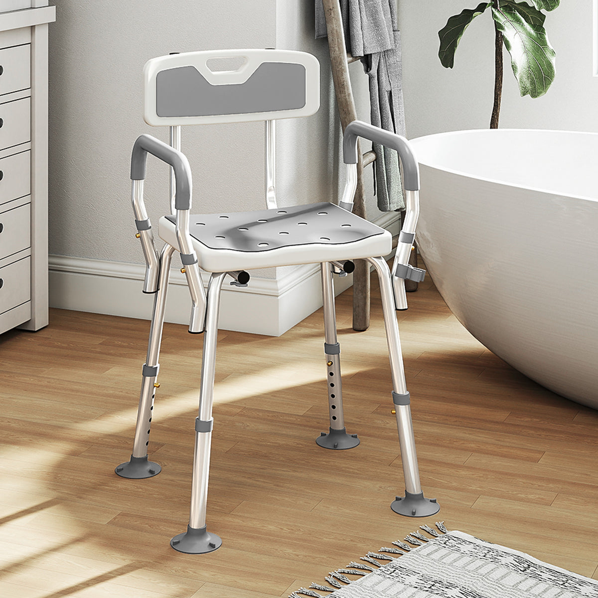 Taburete de ducha, silla de ducha ergonómica, altura regulable, patas antideslizantes, 56,5 x 53,5 x 87 cm, blanco y gris