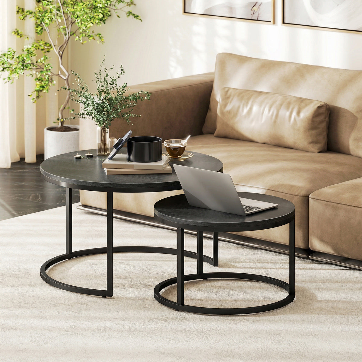 Lot de 2 tables basses gigognes empilable design industriel pieds en métal noir