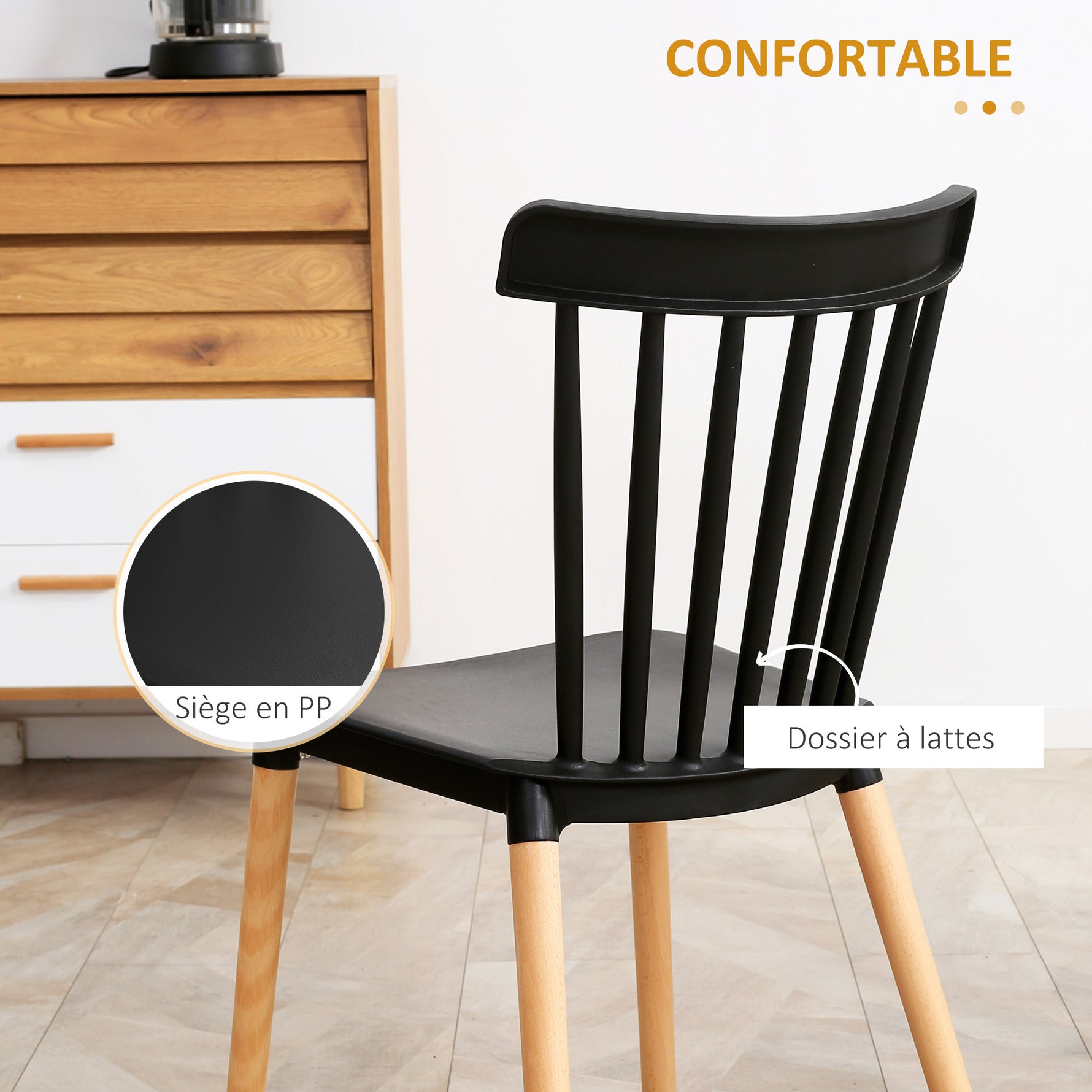 Lot de 4 chaises style scandinave dossier haut assise en polypropylène pieds en hêtre 48 x 52,5 x 83 cm noir