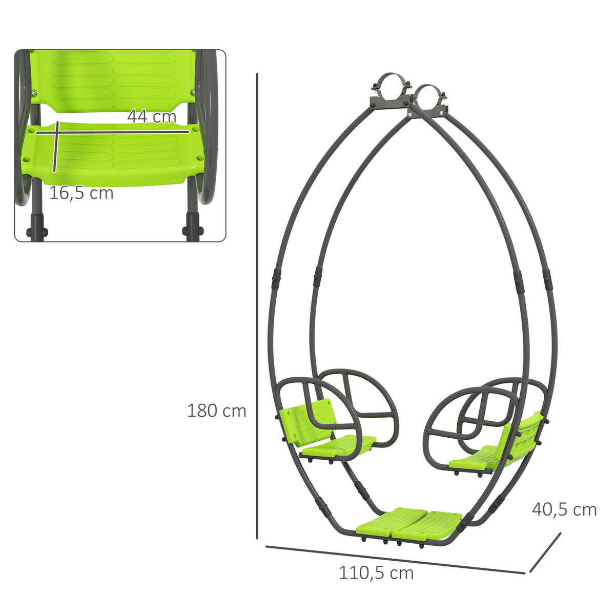 Balançoire pour enfants structure en métal avec poignée pour 2 enfants de 3 à 6 ans 110,5 x 40,5 x 180 cm vert