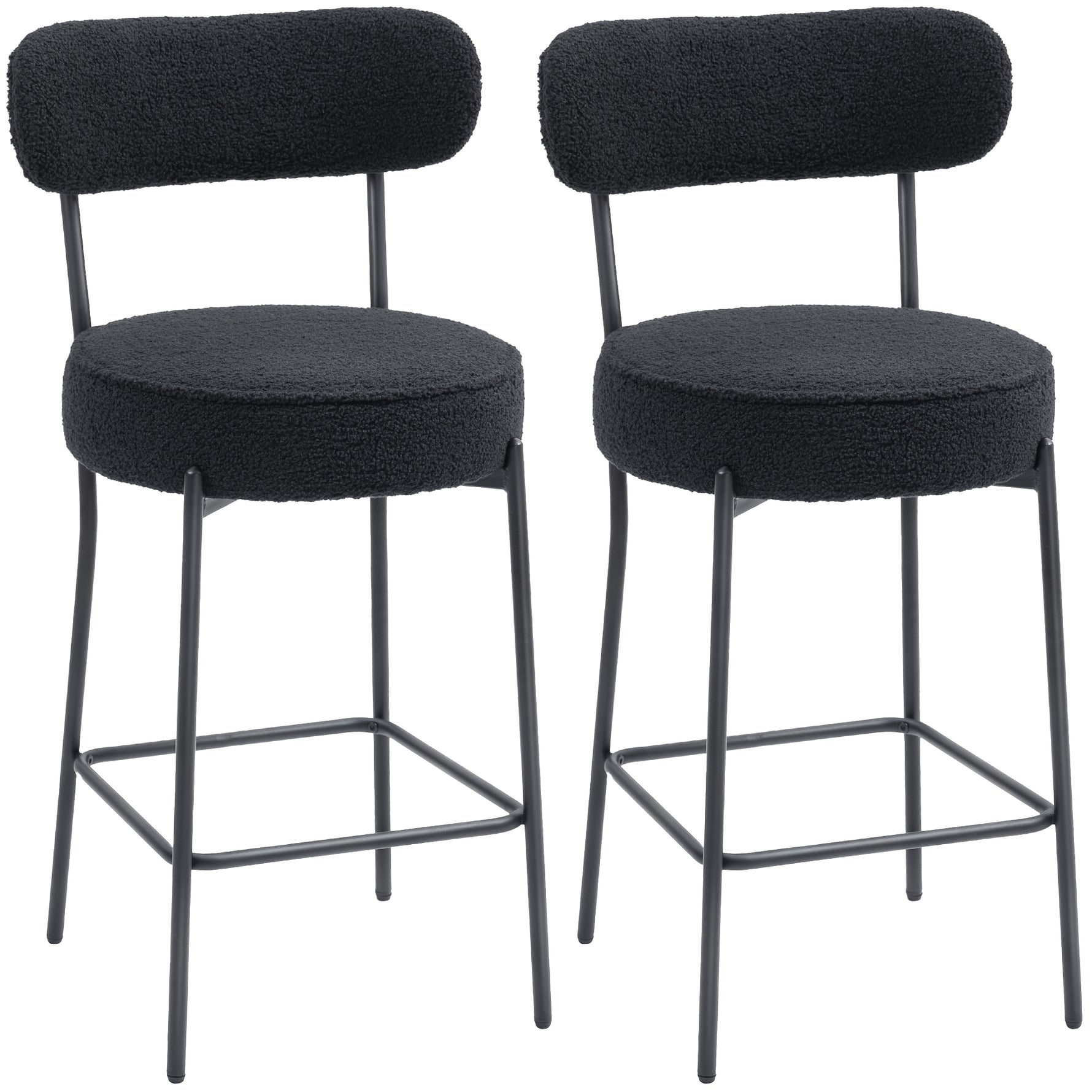 Lot de 2 tabourets de bar en tissu bouclette, chaises de bar avec dossier courbé, repose-pieds, 49x52x95cm, noir