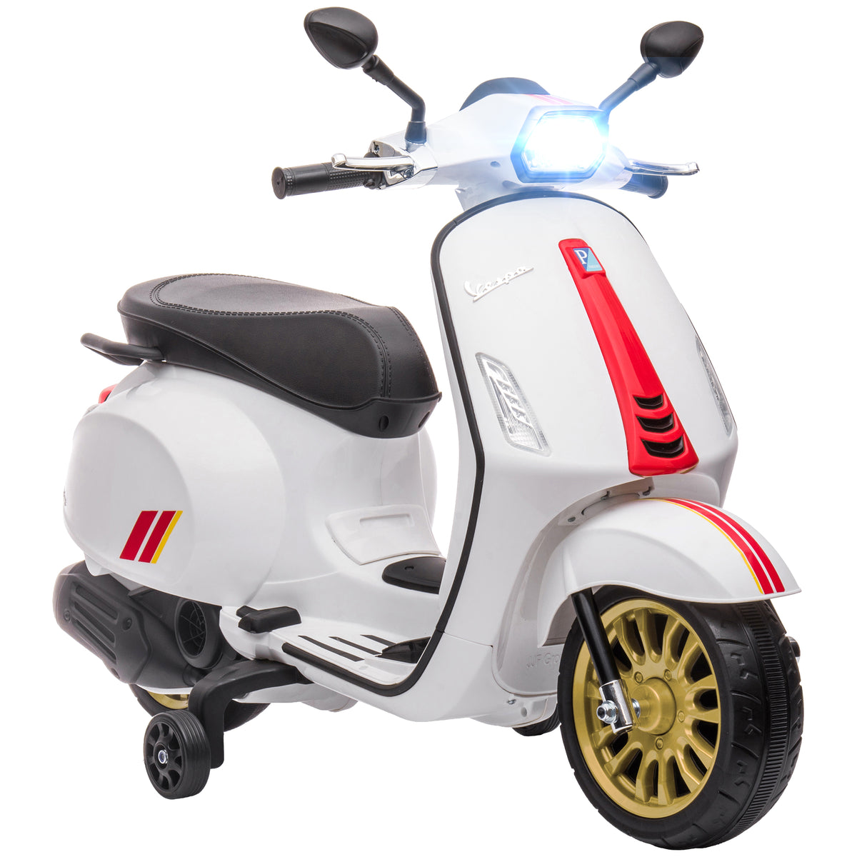 Scooter électrique enfant Vespa 6 V dim. 107L x 47l x 73H cm Musique MP3 Port USB Phare 2 roues d'entraînement - Blanc