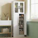 Meuble de salle de bain haut 6 niveaux, meuble de rangement avec 4 portes dont 2 vitrées et étagères réglables, blanc