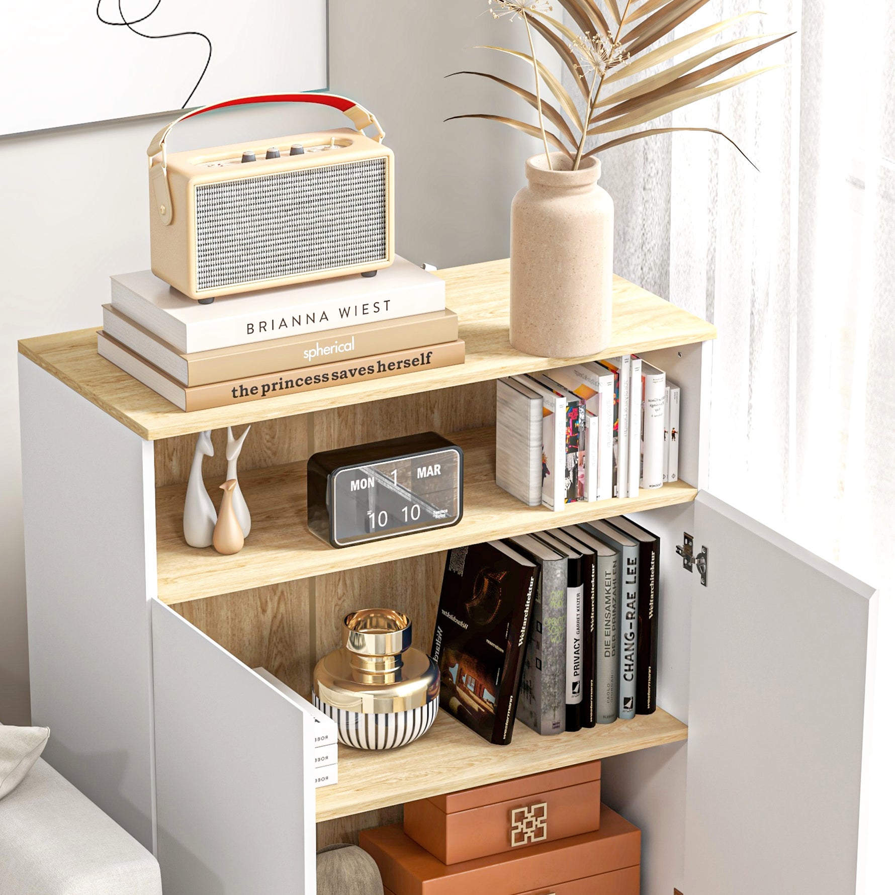 Meuble de rangement buffet sur pied scandinave placard 2 portes avec étagère intérieure blanc et aspect bois