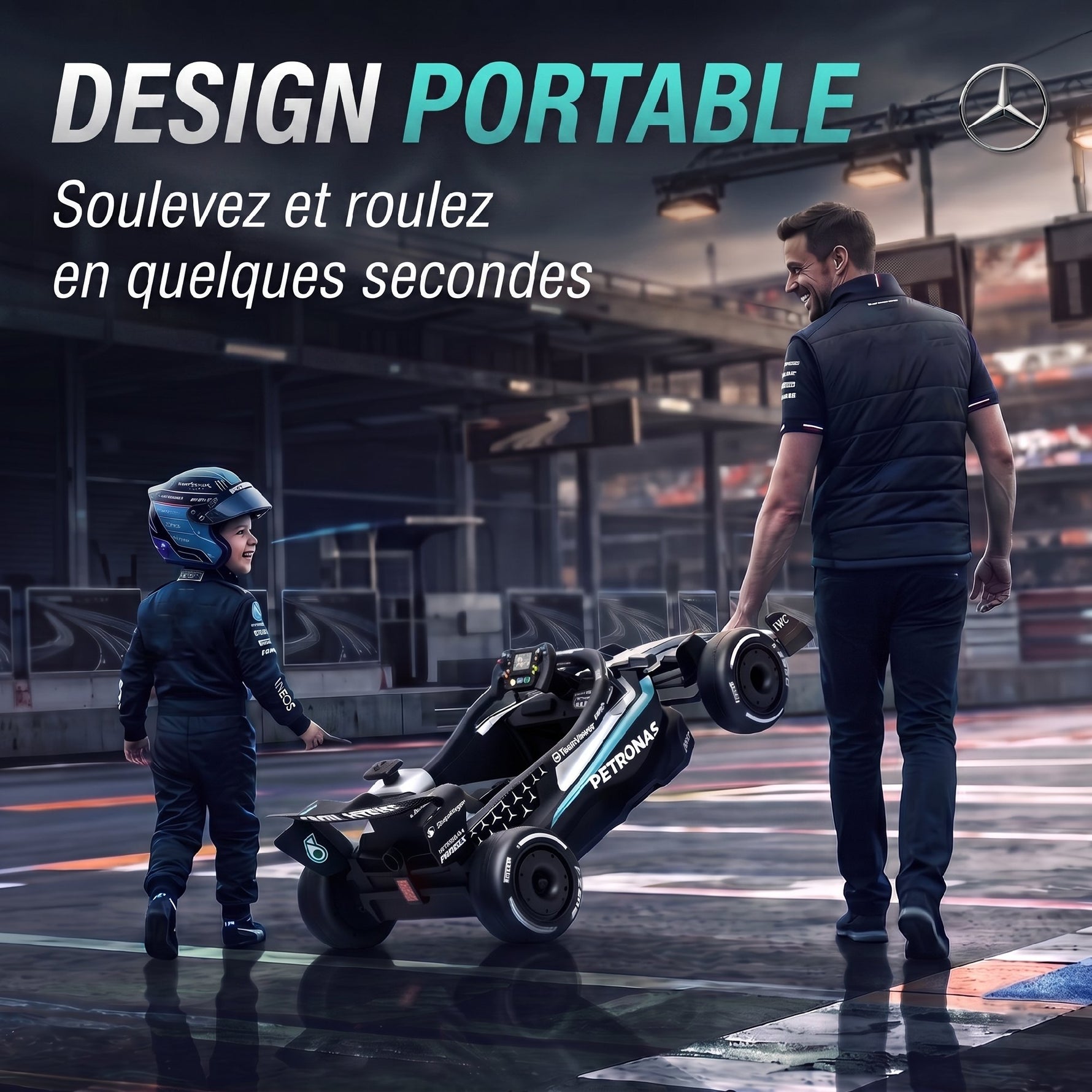 Kart Électrique Enfants 12V, Go Kart Mercedes-AMG PETRONAS F1 avec 2 Moteurs, Télécommande, 3 Vitesses, Noir
