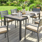 Table de jardin pour 4 à 6 personnes, table à manger extérieure avec plateau à effet bois, 140 x 80 x 72 cm, gris foncé