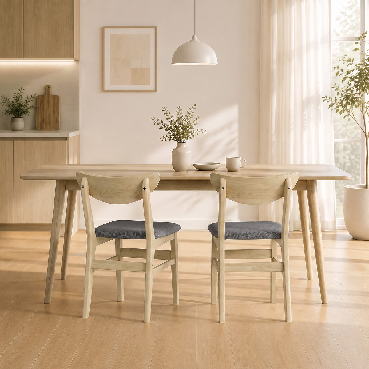 Lote de 2 sillas de comedor, sillas de cocina, asiento tapizado en lino, respaldo curvado, gris y madera natural