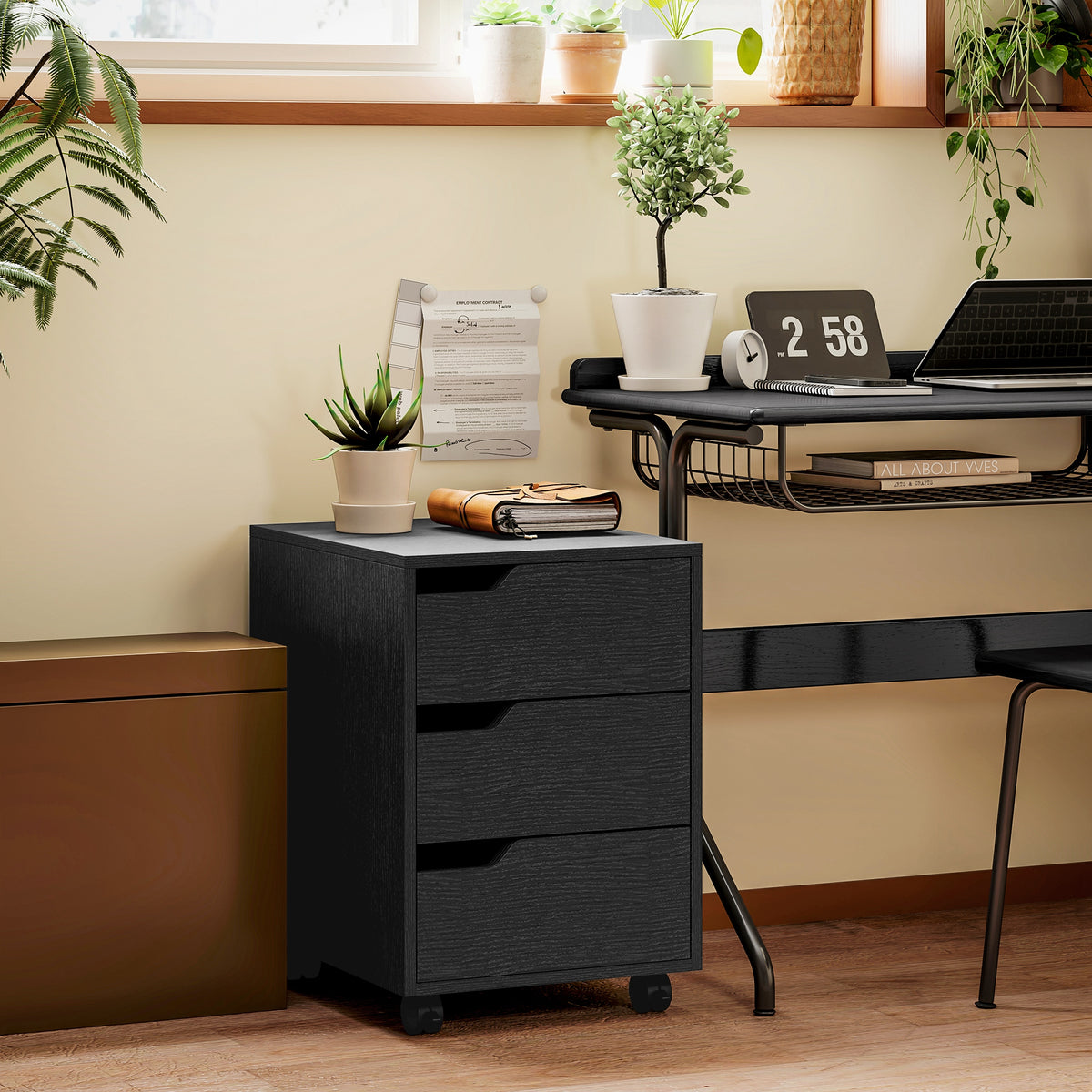 Caisson bureau mobile, meuble rangement bureau sur roulettes, 3 tiroirs, 40x50x57,5cm, noir