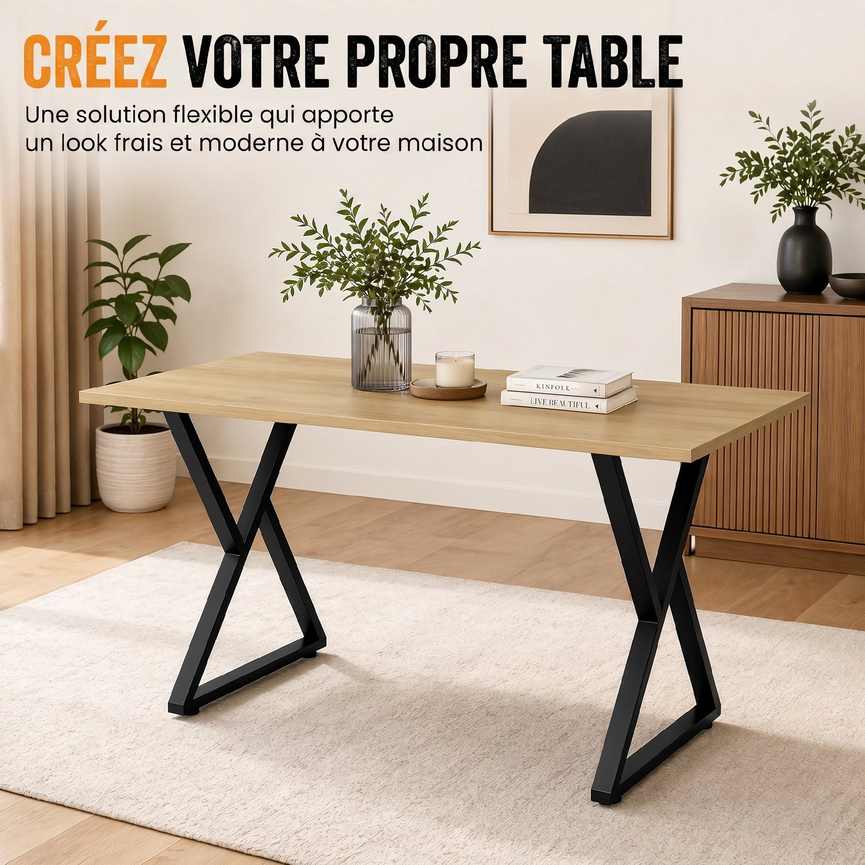 Pieds de table en acier, 60 x 72 cm, lot de 2 pieds de bureau en forme X avec patins réglables et vis, noir