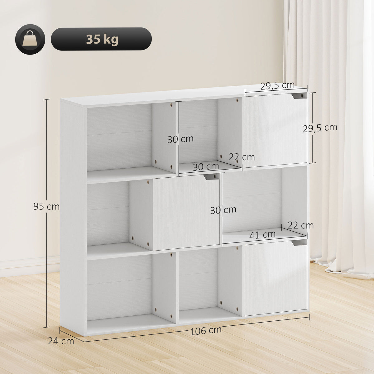 Bibliothèque étagère de rangement 9 cubes avec 3 portes et 6 compartiments ouverts, 106 x 24 x 95 cm, blanc