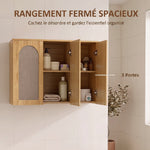 Armoire murale de salle de bain bohème avec 3 portes effet rotin à fermeture douce et étagère réglable, chêne