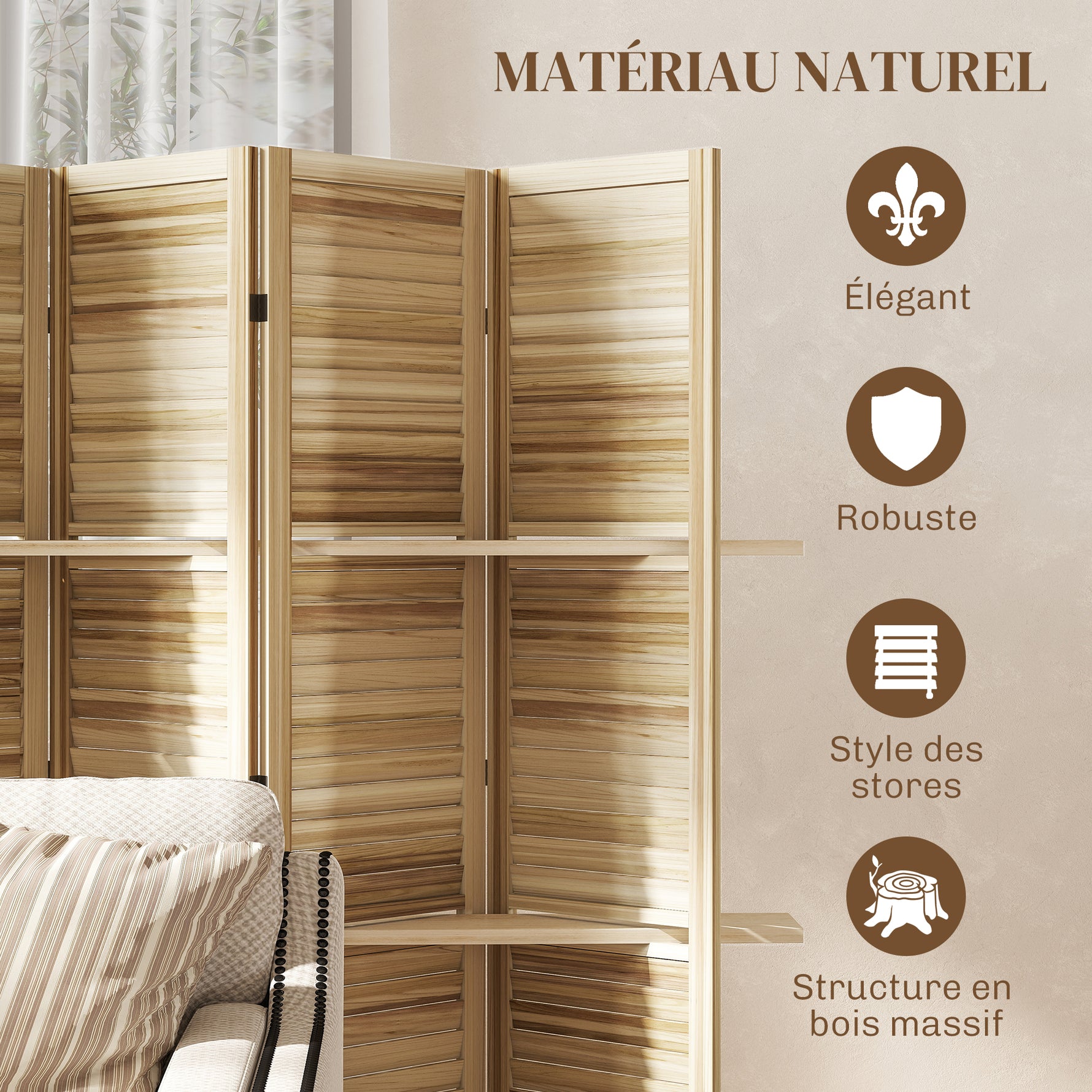 Paravent intérieur en bois 4 panneaux 160 x 170 cm, séparateur de pièce pliable avec 3 étagères, bois naturel