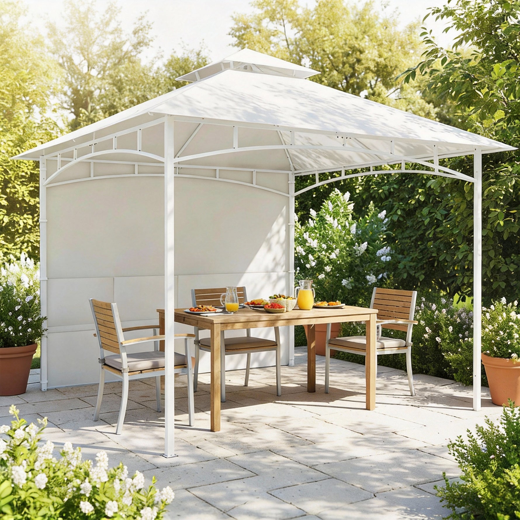 Pavillon Tonnelle de Jardin Toit Double Rideaux et Poches de Rangement Crochet de Plafond 3 x 3 m Crème