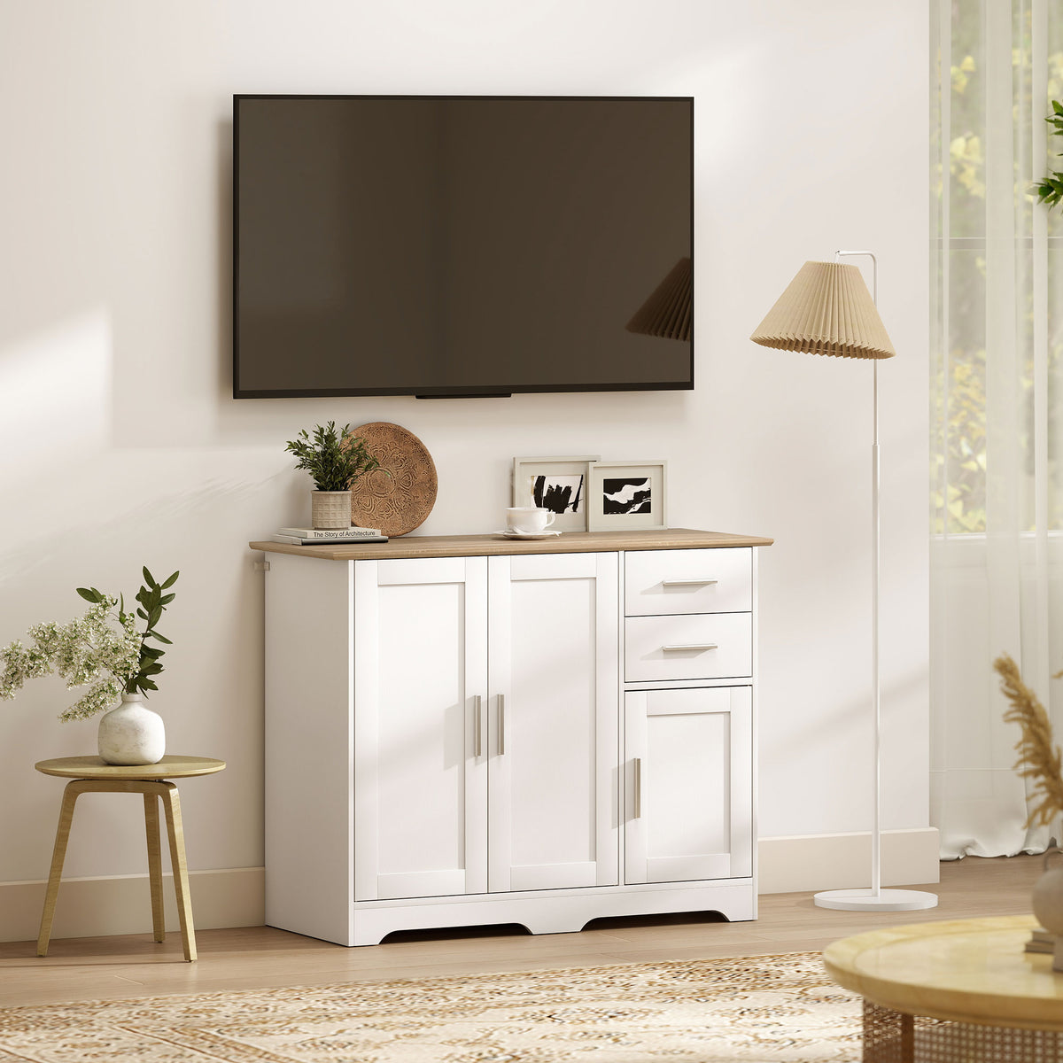 Buffet salon, meuble de rangement avec 2 tiroirs, 3 portes et étagère réglable, 100 x 40 x 78 cm, blanc et bois naturel