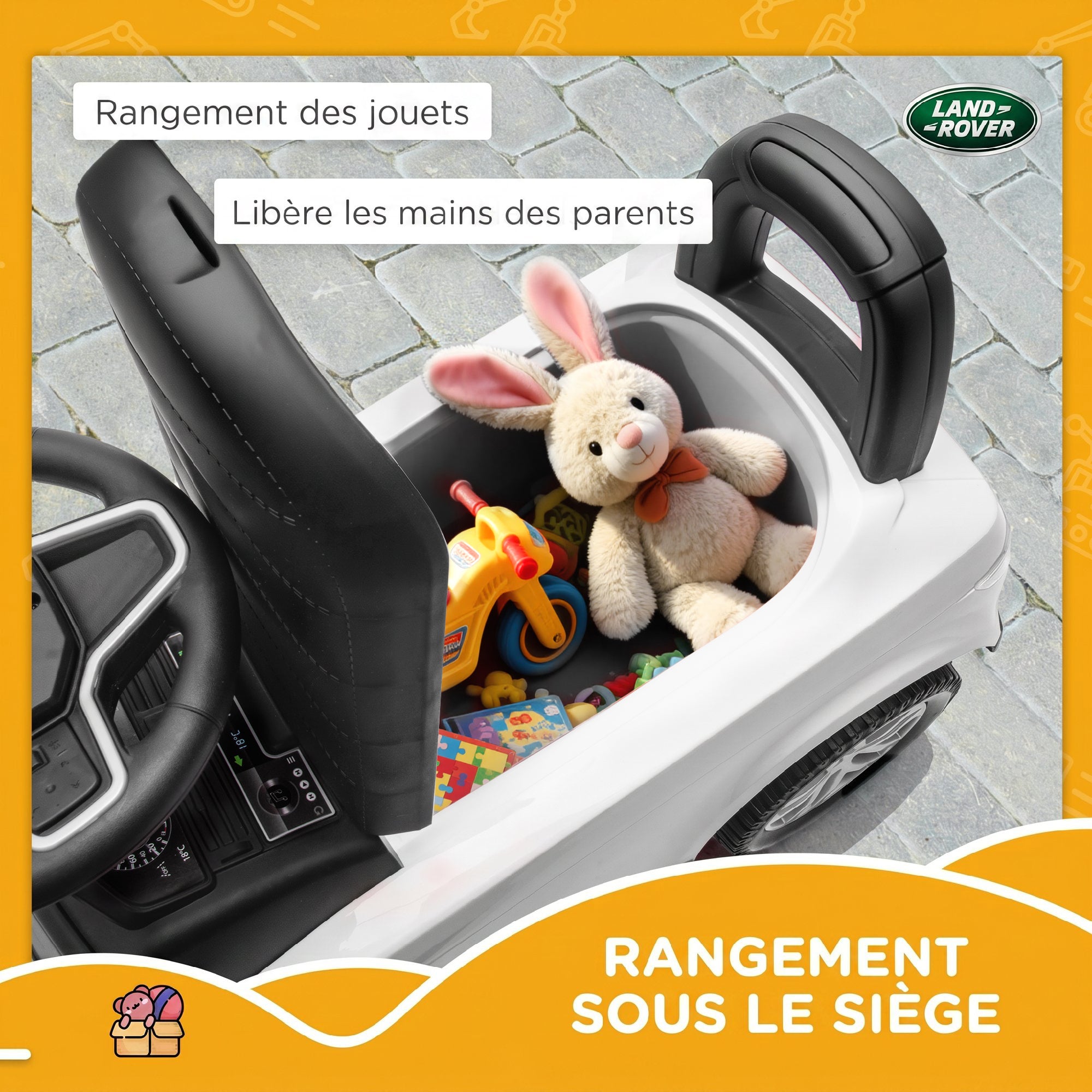 Porteur enfants voiture sous licence Land Rover, véhicule à pousser, klaxon, sons de moteur, rangement sous siège, blanc