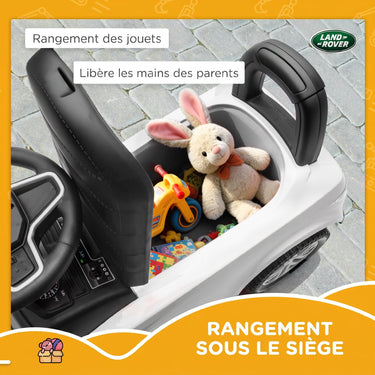 Porteur enfants voiture sous licence Land Rover, véhicule à pousser, klaxon, sons de moteur, rangement sous siège, blanc