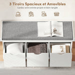Banc chaussures entrée, banc de rangement avec 3 tiroirs amovibles et coussin rembourré en tissu aspect lin, blanc