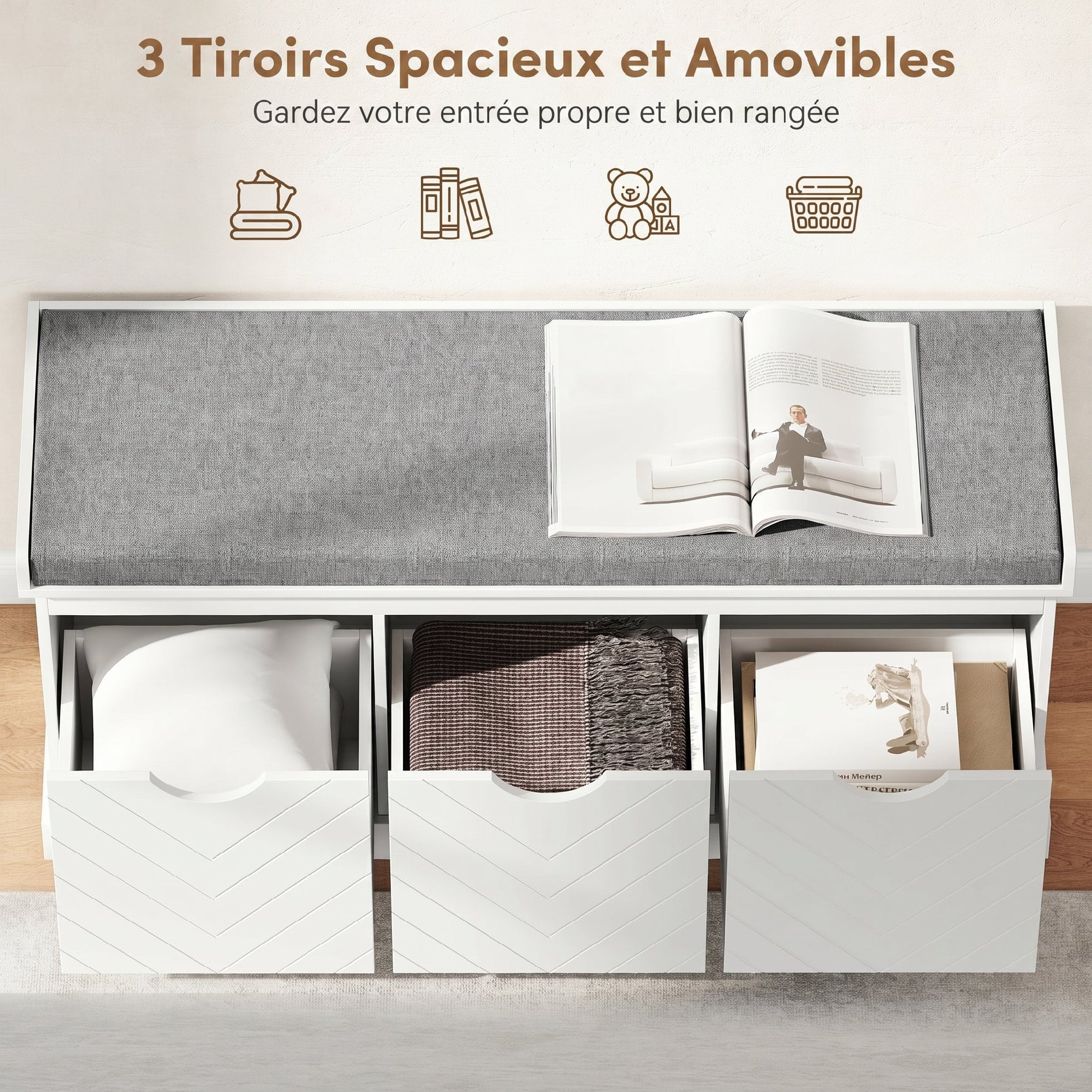 Banc chaussures entrée, banc de rangement avec 3 tiroirs amovibles et coussin rembourré en tissu aspect lin, blanc