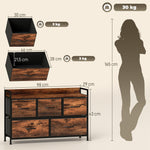 Cómoda, mueble de almacenaje con 5 cajones de tela plegables, tablero y estructura de acero, 98 x 29 x 63 cm, marrón rústico