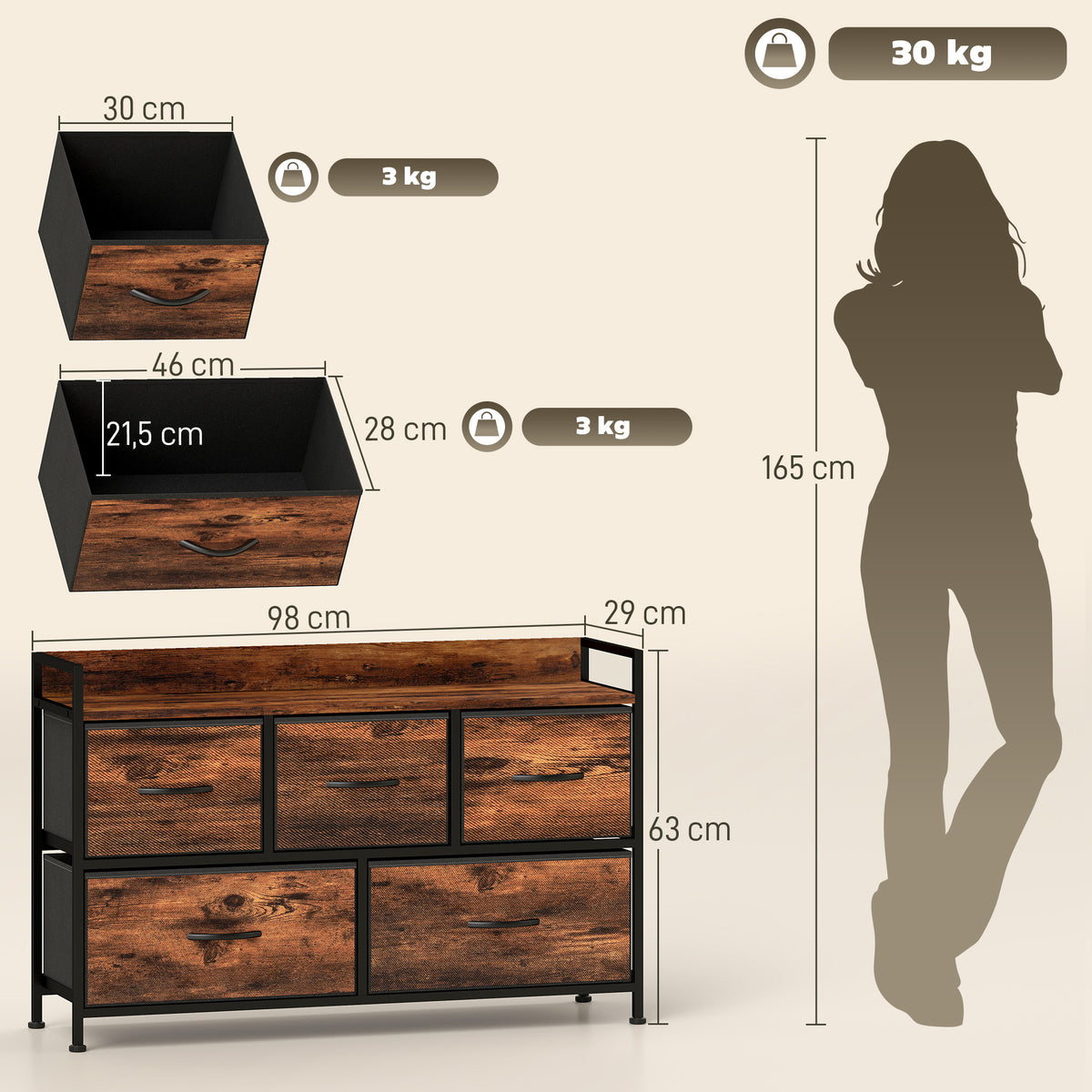 Cómoda, mueble de almacenaje con 5 cajones de tela plegables, tablero y estructura de acero, 98 x 29 x 63 cm, marrón rústico