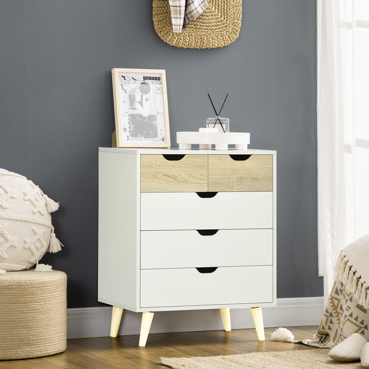 Commode 5 tiroirs meuble de rangement 4 pieds biseautés - bois, 60 x 40 x 77,5 cm, blanc