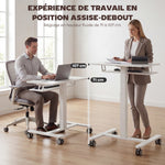 Bureau Assis-Debout Réglable en Hauteur, Bureau Mobile avec Plateau pour Clavier, Roulettes et Cadre en Acier, Blanc