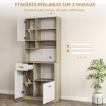 Armoire de cuisine haute, meuble de rangement moderne avec étagères réglables, tiroir, blanc et aspect bois