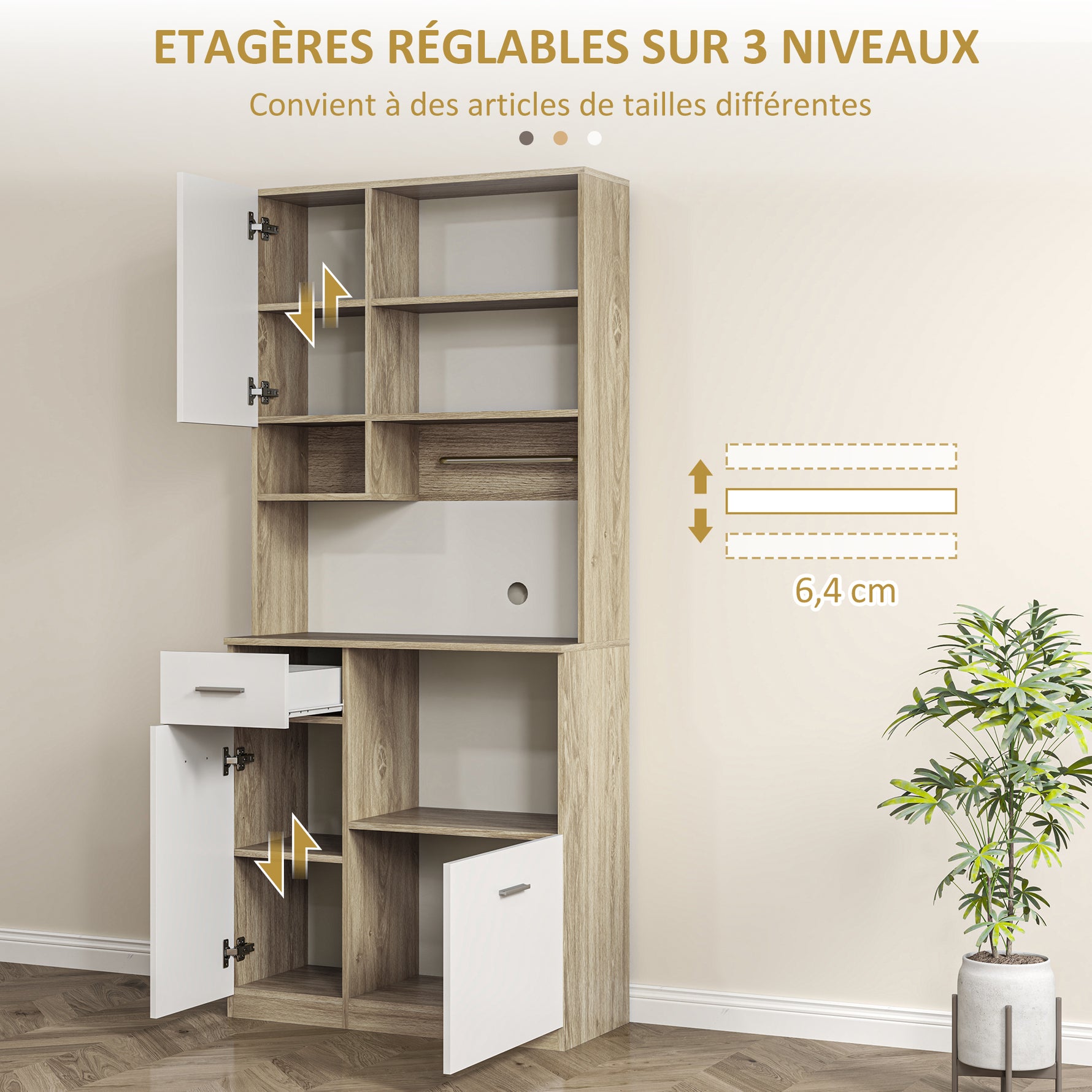 Armoire de cuisine haute, meuble de rangement moderne avec étagères réglables, tiroir, blanc et aspect bois