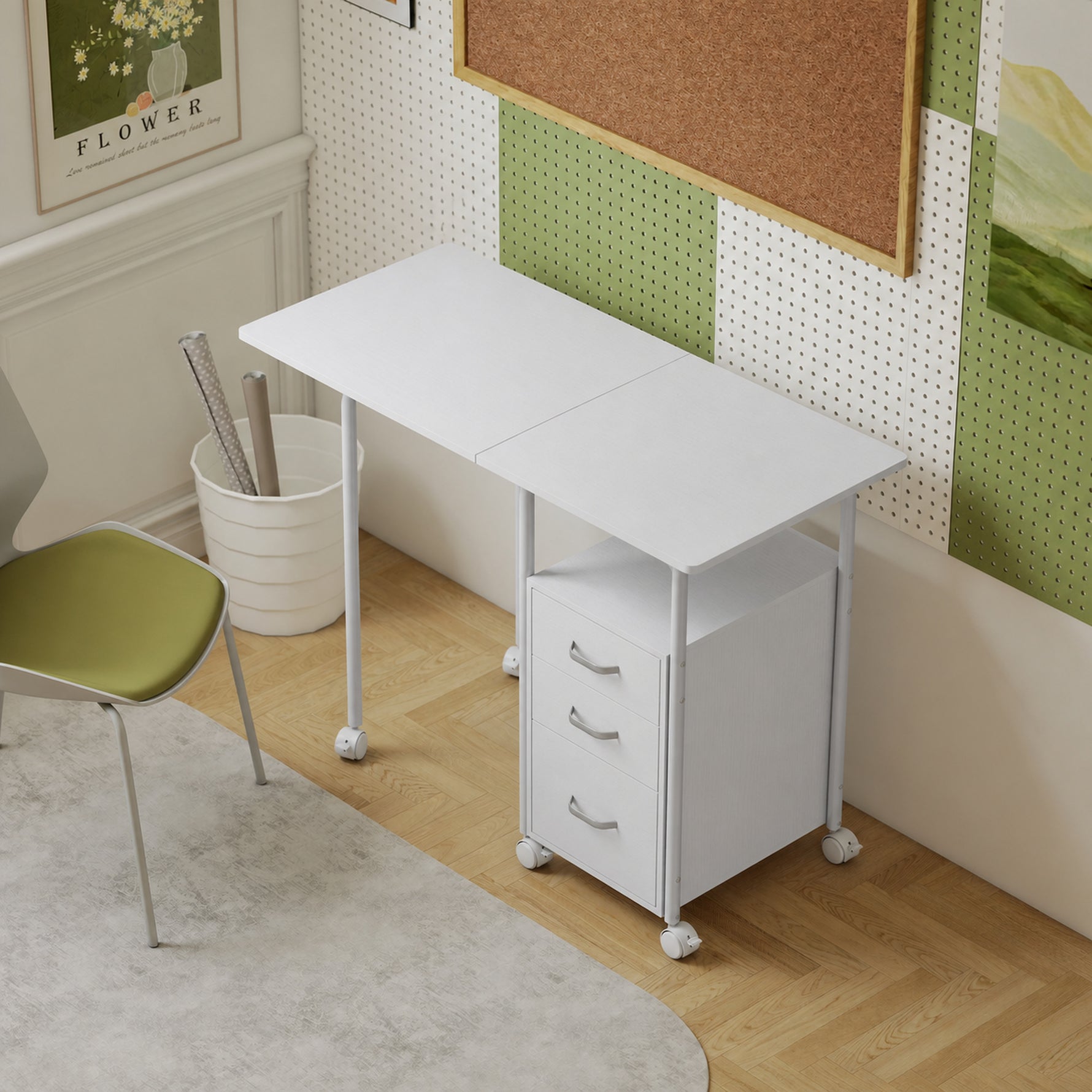 Bureau d'ordinateur pliable sur roulettes, bureau avec rangement, 3 tiroirs, plateau extensible, 105x51x75,5cm, blanc