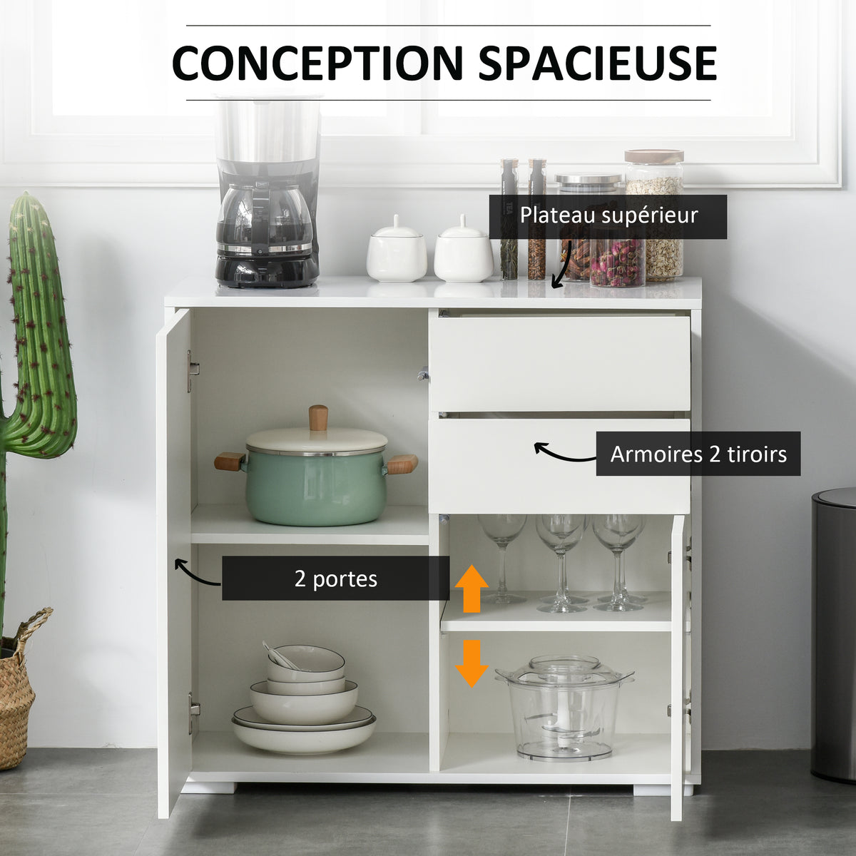 Meuble de rangement buffet commode armoire de rangement avec 2 tiroirs et 2 placards à portes, étagères réglables, pour salon, cuisine, chambre, 79 x 36 x 74 cm blanc