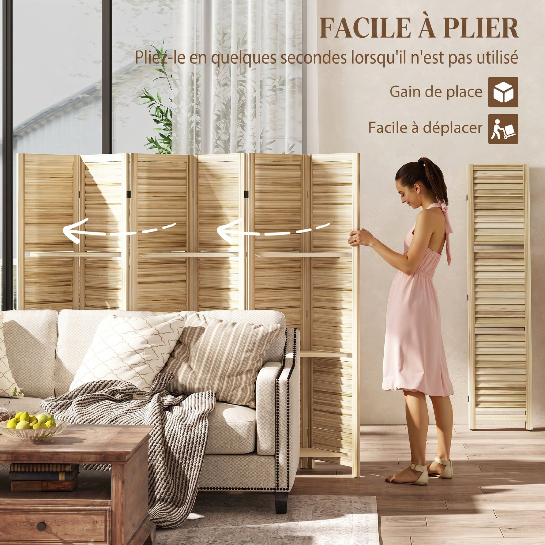 Paravent intérieur en bois 4 panneaux 160 x 170 cm, séparateur de pièce pliable 3 étagères, bois naturel effet brûlé