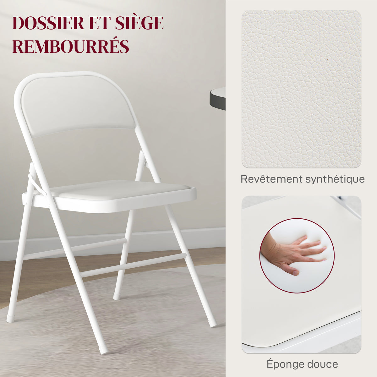 Lot de 2 chaises pliantes chaises de salle à manger portables cadre en acier dim. 45l x 46P x 78H cm blanc