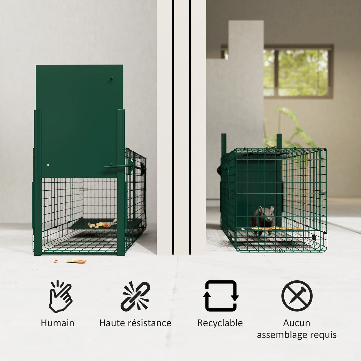 Cage attrape animaux nuisibles 1 entrée dim. 80L x 25l x 30H cm vert foncé